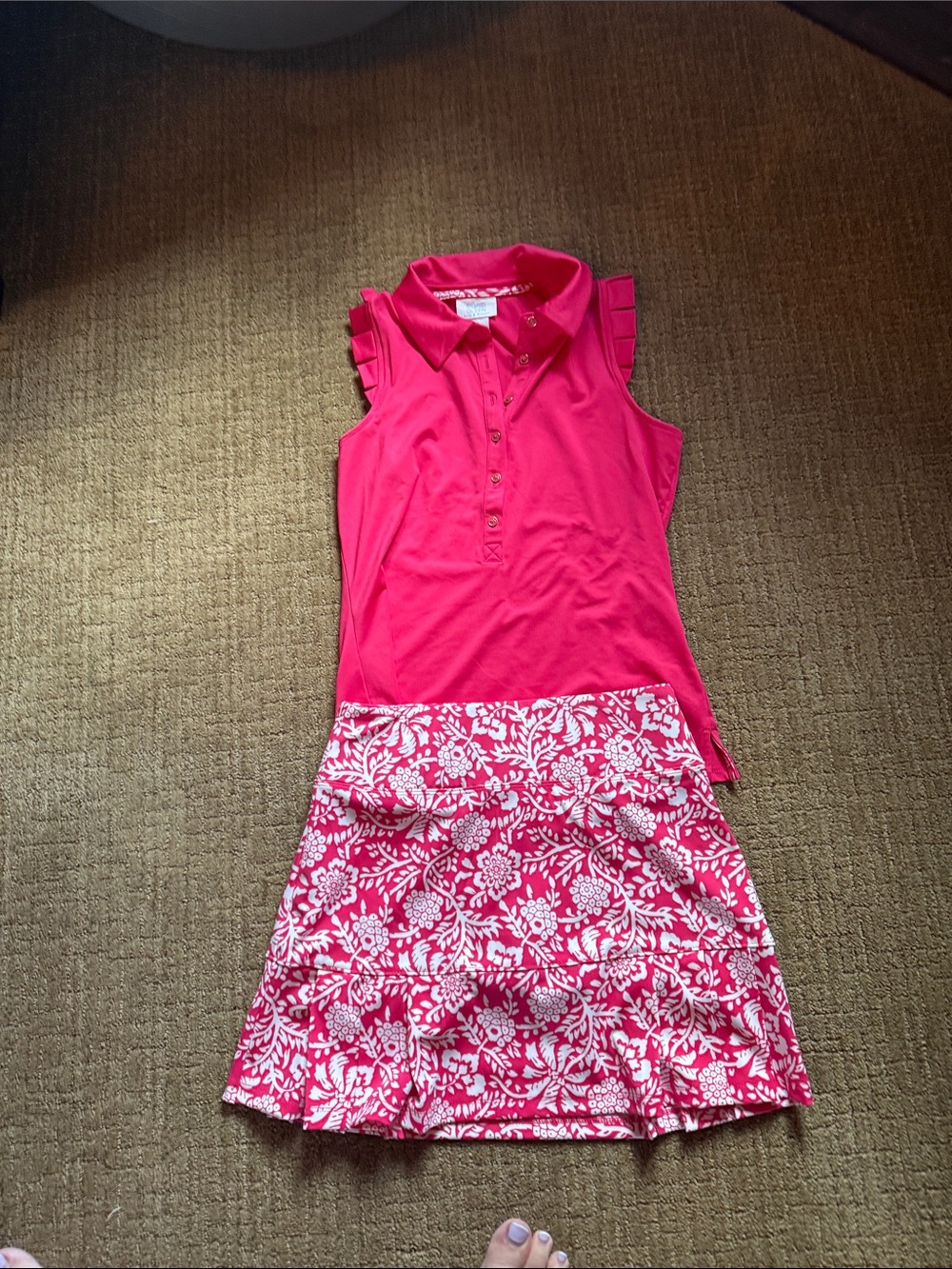Sigrid Olsen Pink Sleeveless Polo Top with Printed Pink Floral Skirt